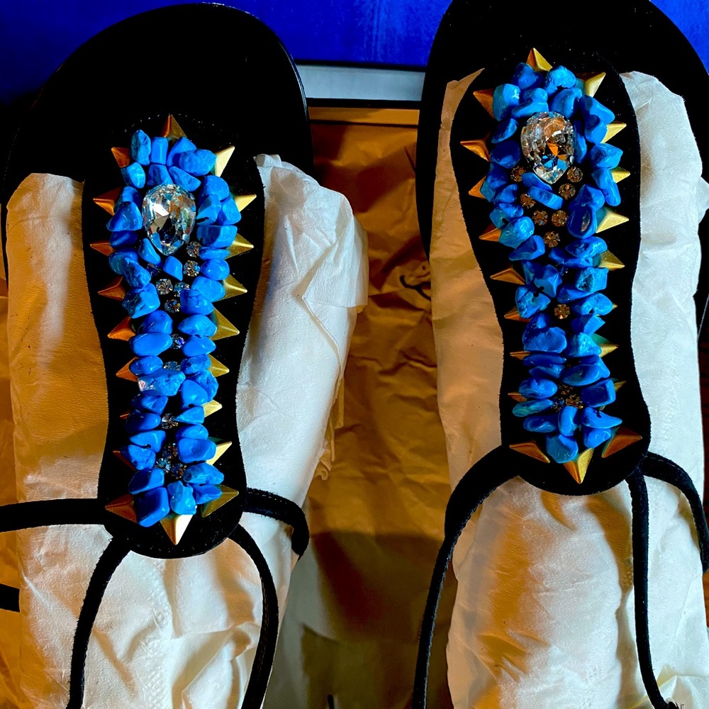 Giuseppe Zanotti Black suede and turquoise gemstone flat sandals. Size 7